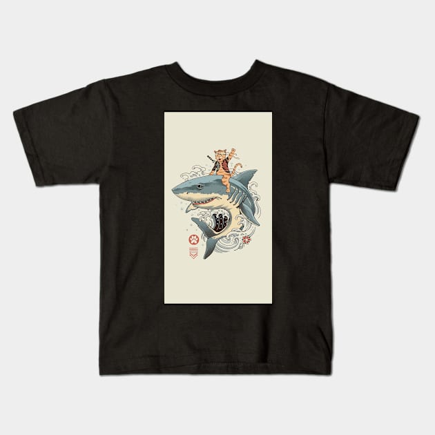 Cat riding a shark Kids T-Shirt by Dawaly